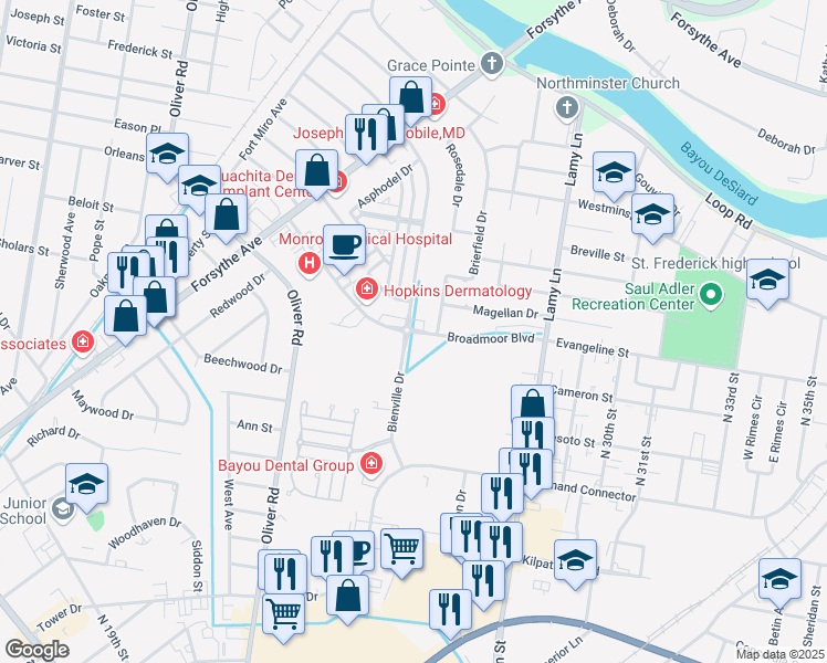 map of restaurants, bars, coffee shops, grocery stores, and more near 1974-1998 Bienville Drive in Monroe