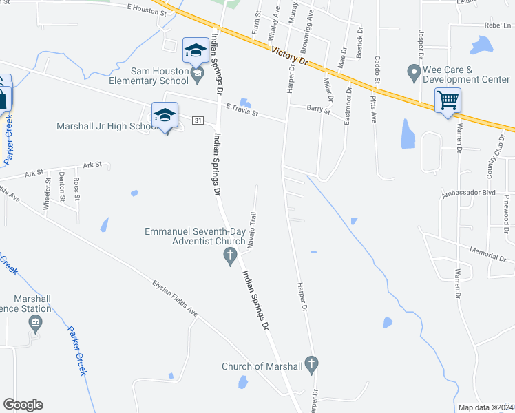 map of restaurants, bars, coffee shops, grocery stores, and more near 815 Navajo Trail in Marshall