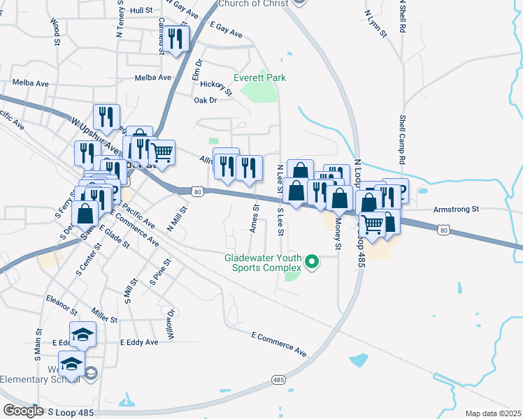 map of restaurants, bars, coffee shops, grocery stores, and more near 319 North Taylor Street in Gladewater