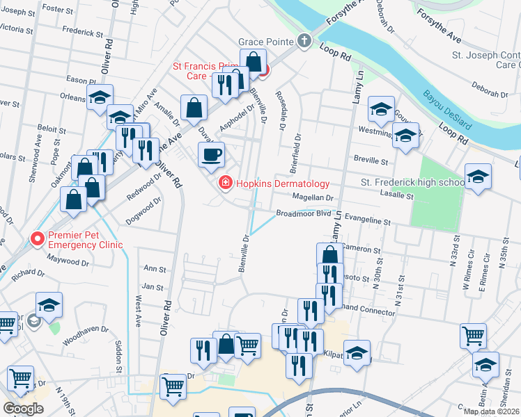 map of restaurants, bars, coffee shops, grocery stores, and more near 2601 Broadmoor Boulevard in Monroe