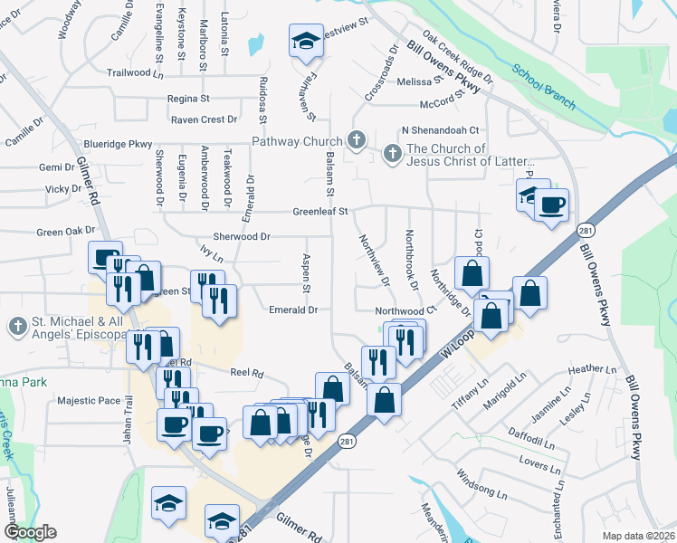 map of restaurants, bars, coffee shops, grocery stores, and more near 2502 Balsam Street in Longview