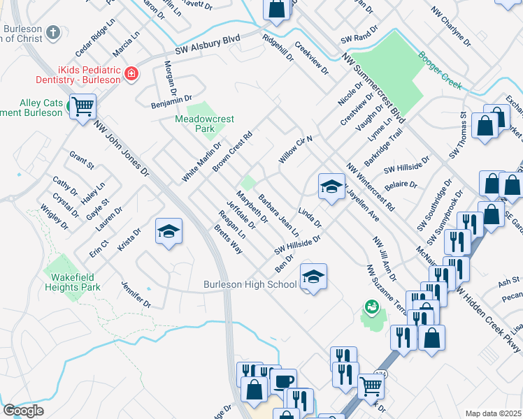 map of restaurants, bars, coffee shops, grocery stores, and more near 524 Marybeth Drive in Burleson