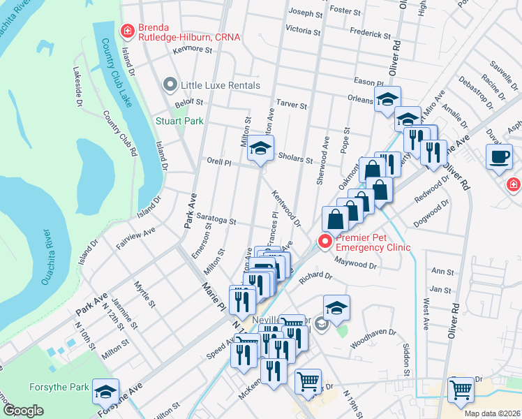 map of restaurants, bars, coffee shops, grocery stores, and more near 2403 Kentwood Street in Monroe