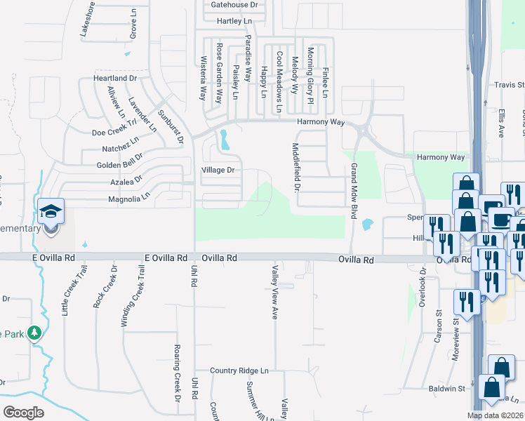 map of restaurants, bars, coffee shops, grocery stores, and more near 2614 Ovilla Road in Red Oak