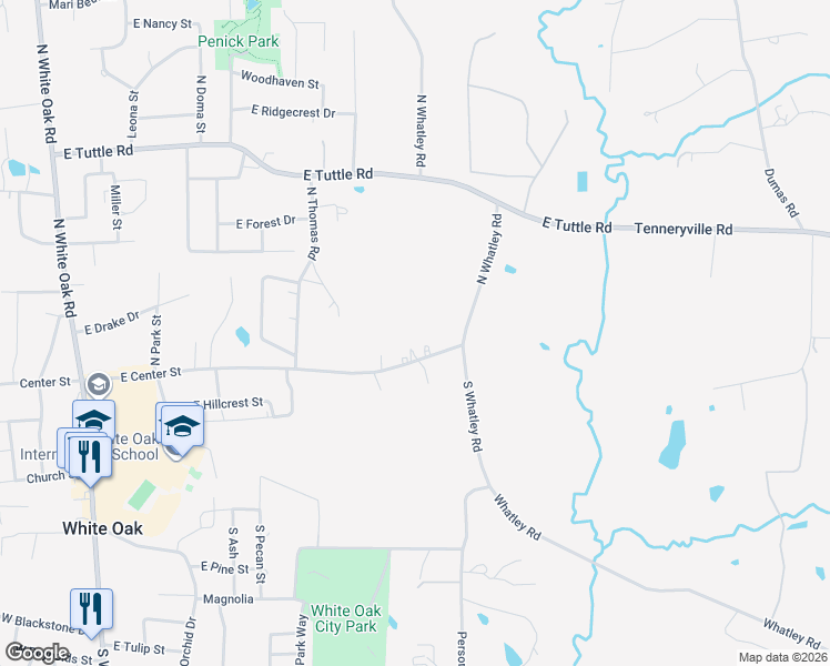 map of restaurants, bars, coffee shops, grocery stores, and more near 223 North Whatley Road in White Oak