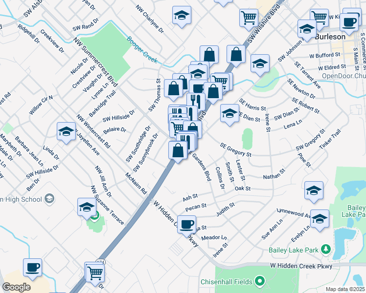 map of restaurants, bars, coffee shops, grocery stores, and more near 680 Southwest Wilshire Boulevard in Burleson