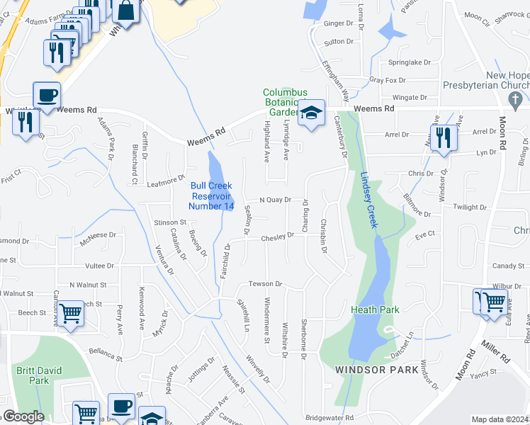map of restaurants, bars, coffee shops, grocery stores, and more near 7 Seaton Court in Columbus
