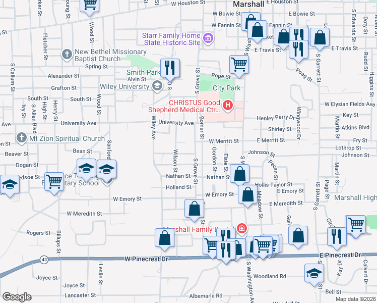 map of restaurants, bars, coffee shops, grocery stores, and more near 1103 South Grove Street in Marshall