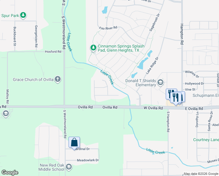 map of restaurants, bars, coffee shops, grocery stores, and more near 315 Fountain Creek Court in Red Oak