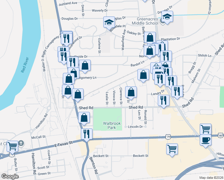 map of restaurants, bars, coffee shops, grocery stores, and more near 1523 Viosca Street in Bossier City