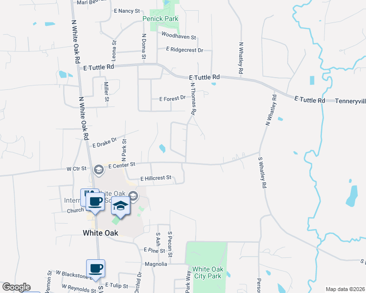 map of restaurants, bars, coffee shops, grocery stores, and more near 109 North Thomas Road in White Oak