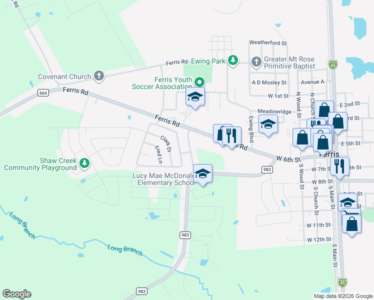 map of restaurants, bars, coffee shops, grocery stores, and more near 109 Jimmie Birdwell Boulevard in Ferris