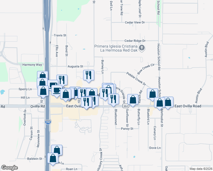 map of restaurants, bars, coffee shops, grocery stores, and more near 114 Sunglow Loop in Red Oak
