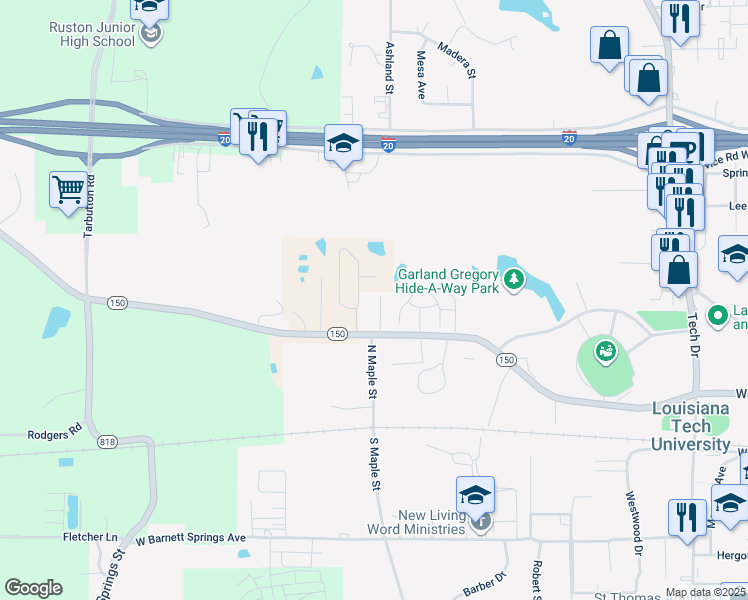 map of restaurants, bars, coffee shops, grocery stores, and more near 504 Kennon Lane in Ruston
