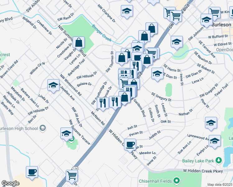 map of restaurants, bars, coffee shops, grocery stores, and more near 709 Southwest Sunset Lane in Burleson