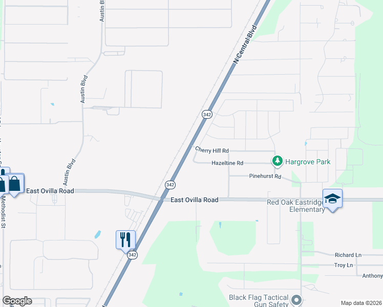 map of restaurants, bars, coffee shops, grocery stores, and more near 501 Hazeltine Road in Red Oak