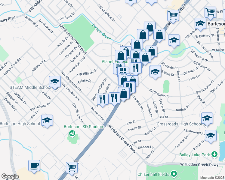 map of restaurants, bars, coffee shops, grocery stores, and more near 712 Southwest Sunset Lane in Burleson