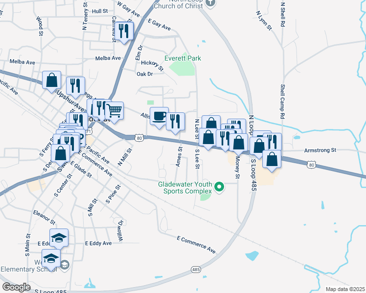 map of restaurants, bars, coffee shops, grocery stores, and more near 800 East Broadway Avenue in Gladewater