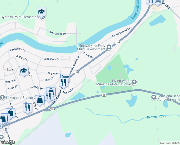 map of restaurants, bars, coffee shops, grocery stores, and more near 204 Curve Dr in Monroe