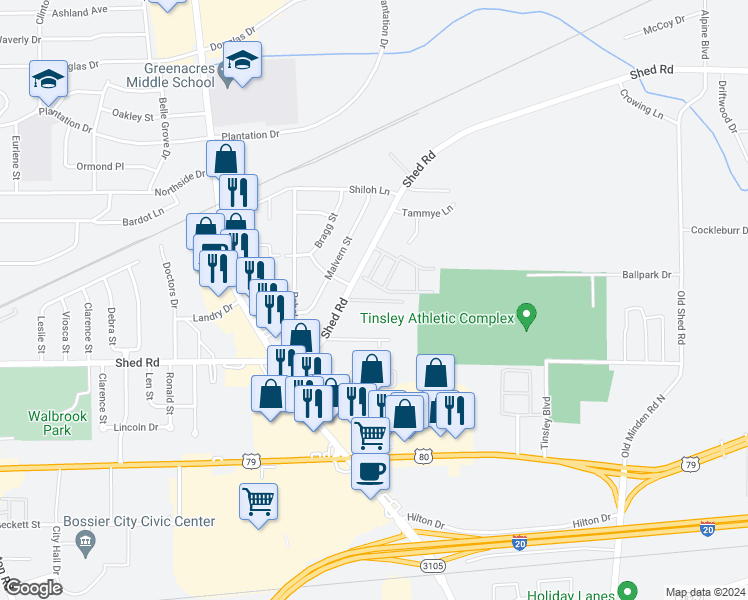 map of restaurants, bars, coffee shops, grocery stores, and more near 3259 Cottonwood Street in Bossier City