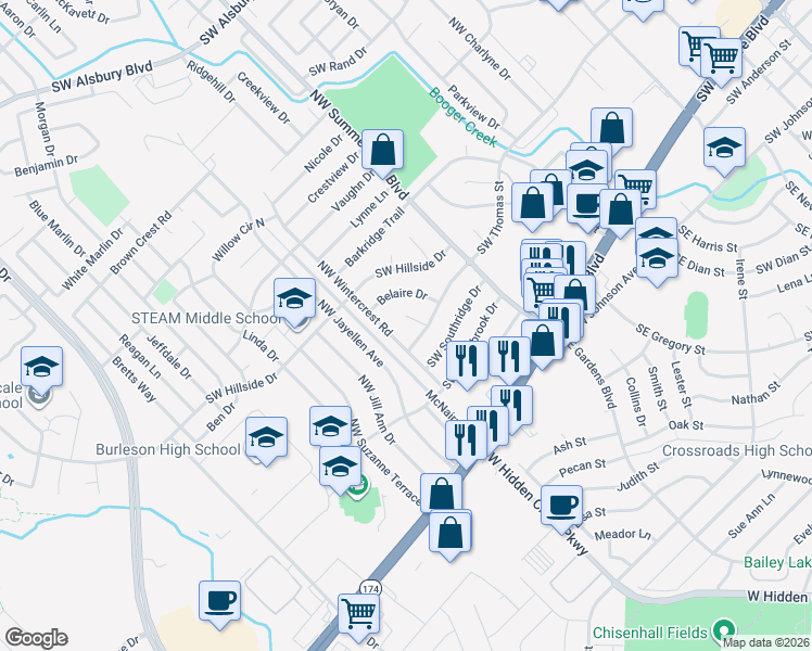 map of restaurants, bars, coffee shops, grocery stores, and more near 845 Belaire Drive in Burleson