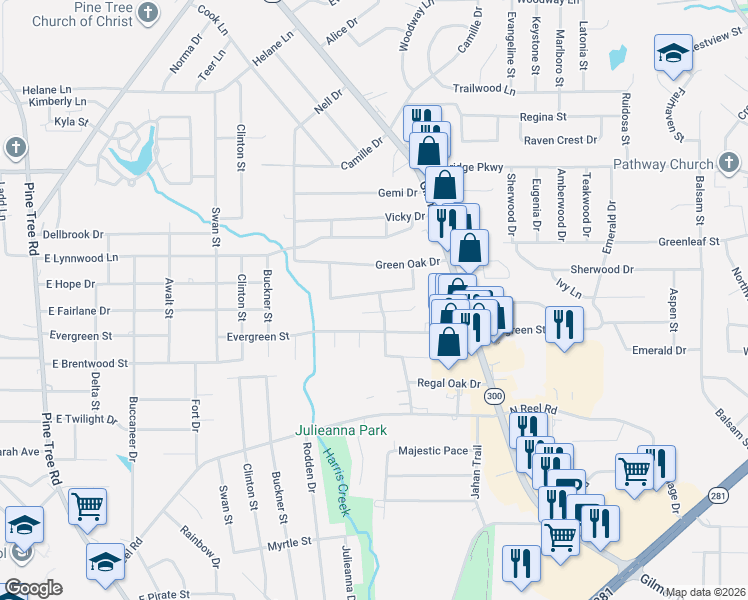 map of restaurants, bars, coffee shops, grocery stores, and more near 121 Briarmeadow Drive in Longview