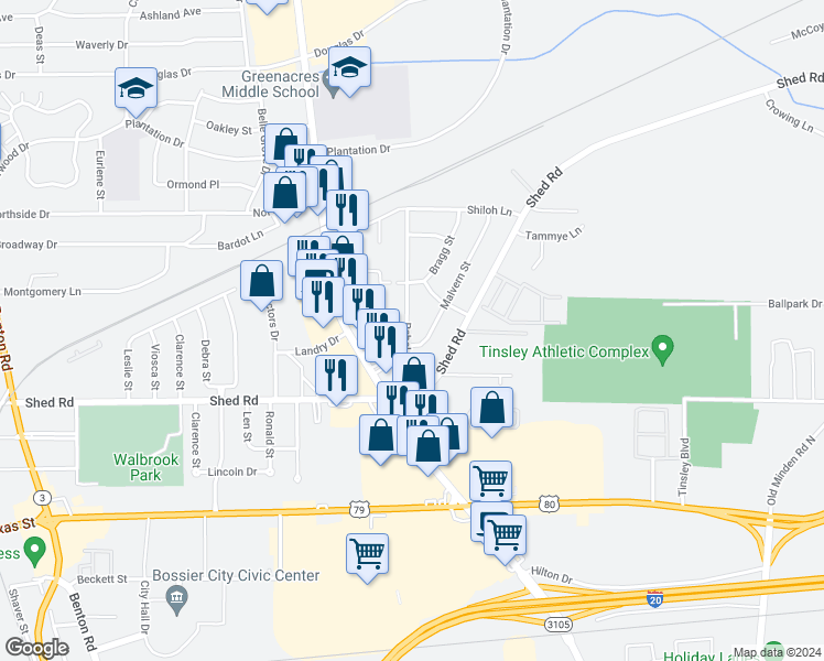 map of restaurants, bars, coffee shops, grocery stores, and more near 2824 Rebel Drive in Bossier City