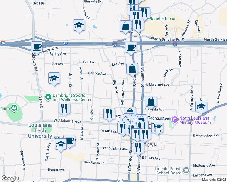 map of restaurants, bars, coffee shops, grocery stores, and more near 624 Minden Street in Ruston