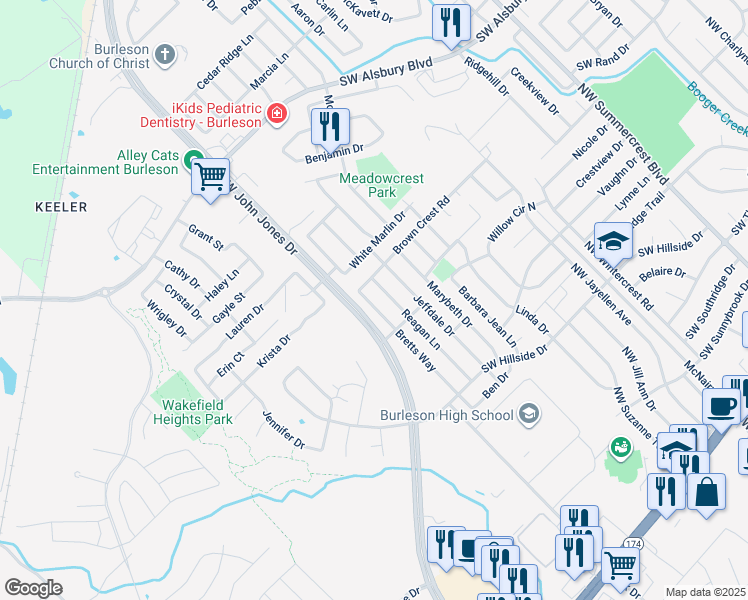 map of restaurants, bars, coffee shops, grocery stores, and more near 612 Bretts Way in Burleson