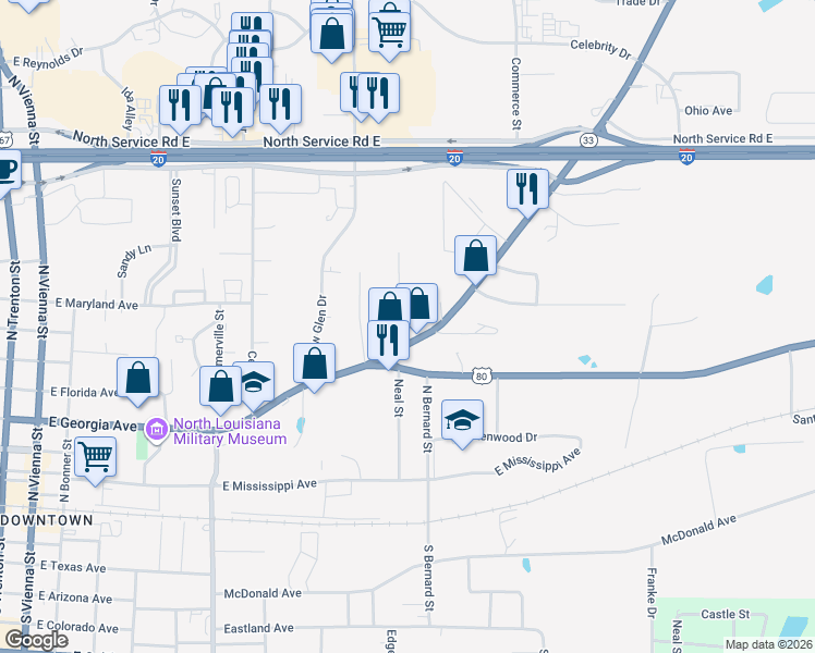 map of restaurants, bars, coffee shops, grocery stores, and more near 804 Ponder Street in Ruston