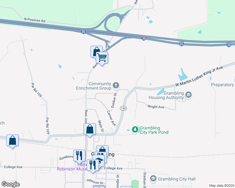 map of restaurants, bars, coffee shops, grocery stores, and more near 153 Dunbar Street in Ruston