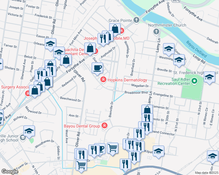 map of restaurants, bars, coffee shops, grocery stores, and more near 2515 Broadmoor Boulevard in Monroe