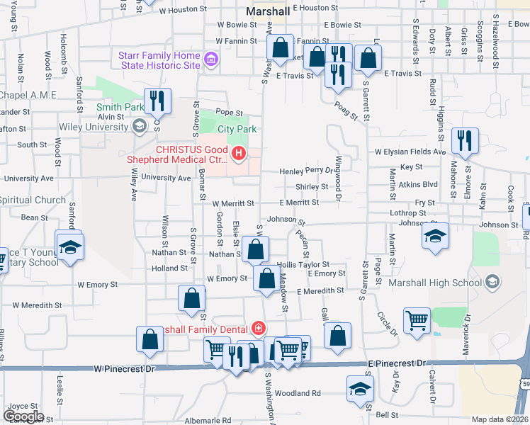 map of restaurants, bars, coffee shops, grocery stores, and more near 1103 South Washington Avenue in Marshall