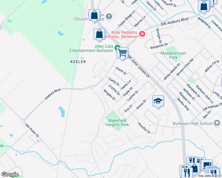 map of restaurants, bars, coffee shops, grocery stores, and more near 837 Crystal Drive in Burleson