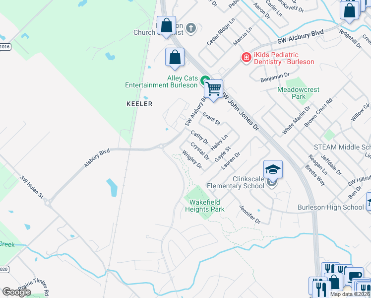 map of restaurants, bars, coffee shops, grocery stores, and more near 836 Wrigley Drive in Burleson