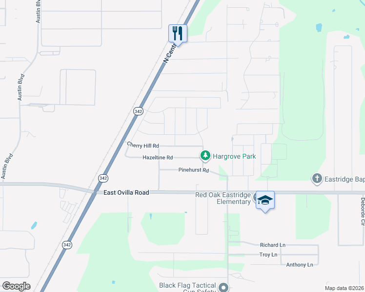 map of restaurants, bars, coffee shops, grocery stores, and more near 614 Cherry Hills Road in Red Oak