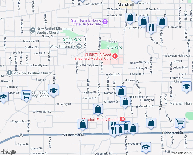 map of restaurants, bars, coffee shops, grocery stores, and more near 1103 South Grove Street in Marshall