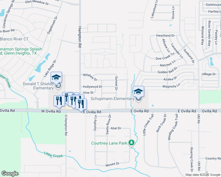 map of restaurants, bars, coffee shops, grocery stores, and more near 225 Hollywood Drive in Glenn Heights