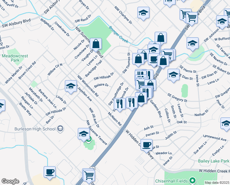 map of restaurants, bars, coffee shops, grocery stores, and more near 736 Southwest Southridge Drive in Burleson