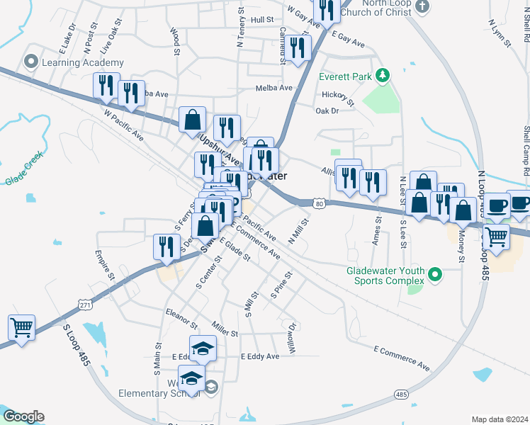 map of restaurants, bars, coffee shops, grocery stores, and more near 214 East Quitman Avenue in Gladewater