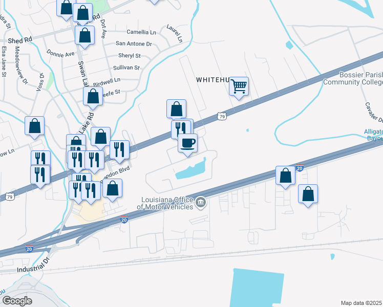 map of restaurants, bars, coffee shops, grocery stores, and more near 5200 East Texas Street in Bossier City