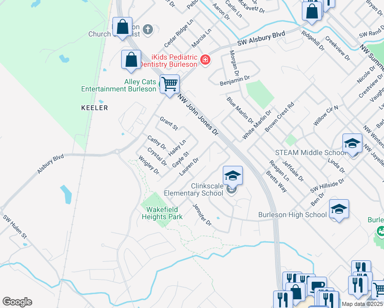 map of restaurants, bars, coffee shops, grocery stores, and more near 1309 Gayle Street in Burleson