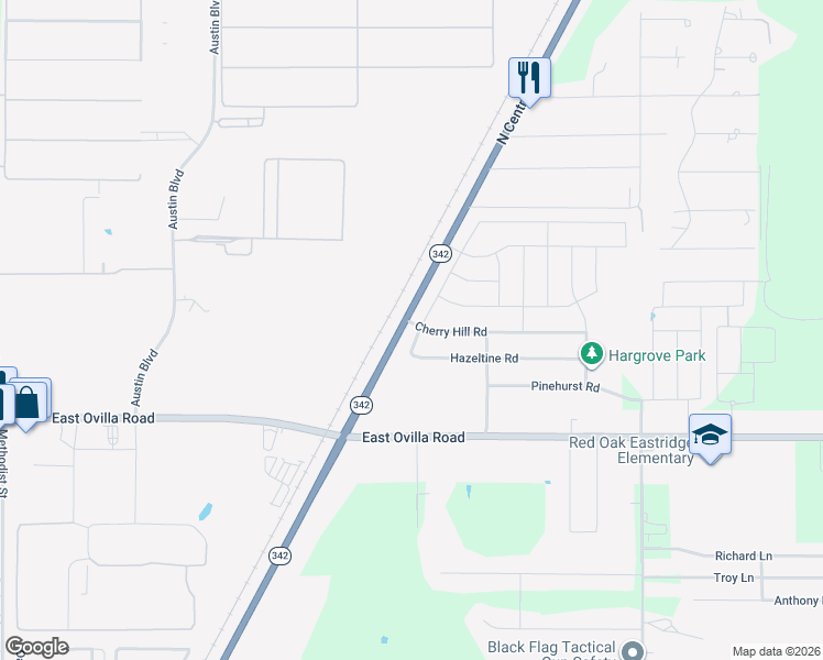 map of restaurants, bars, coffee shops, grocery stores, and more near 501 Hazeltine Road in Red Oak