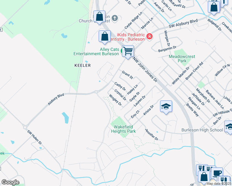 map of restaurants, bars, coffee shops, grocery stores, and more near 825 Crystal Drive in Burleson