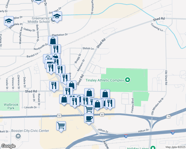 map of restaurants, bars, coffee shops, grocery stores, and more near 3259 Cottonwood Street in Bossier City