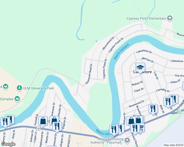 map of restaurants, bars, coffee shops, grocery stores, and more near 6305 Diamond Head Dr in Monroe