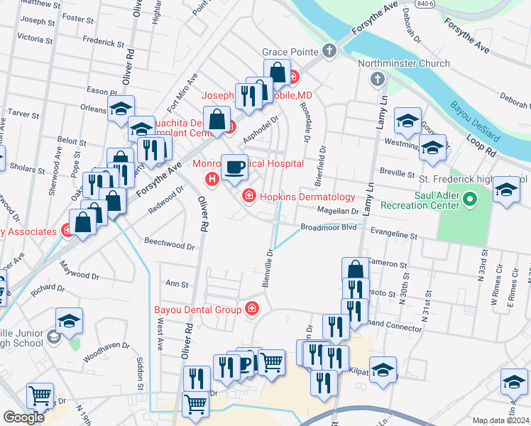 map of restaurants, bars, coffee shops, grocery stores, and more near 2530 Felicity Drive in Monroe