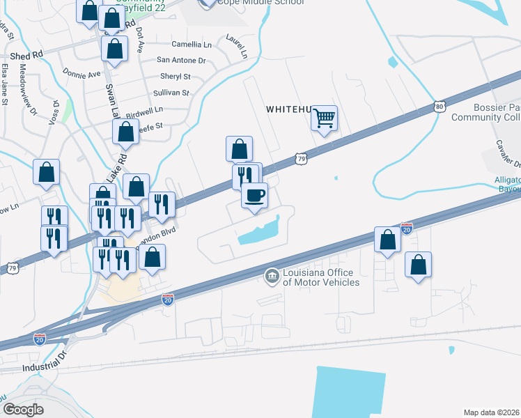 map of restaurants, bars, coffee shops, grocery stores, and more near 1126 Villaggio Boulevard in Bossier City