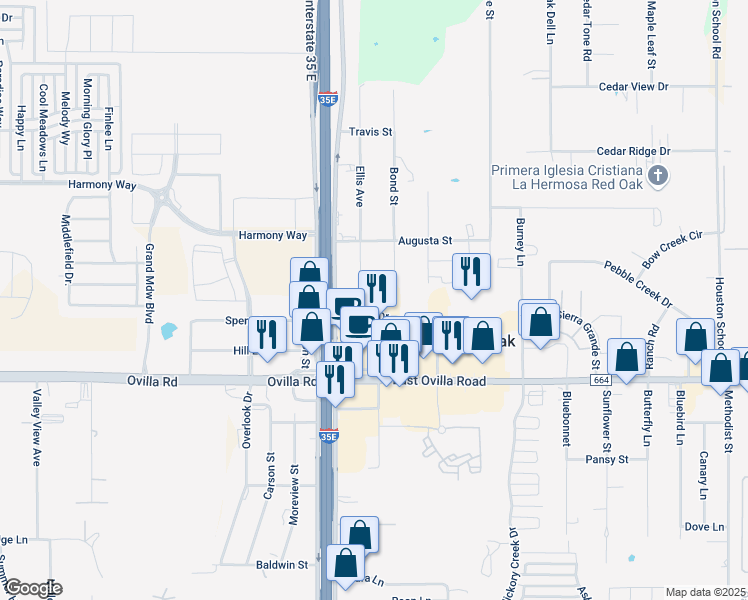 map of restaurants, bars, coffee shops, grocery stores, and more near 101 Reese Drive in Red Oak