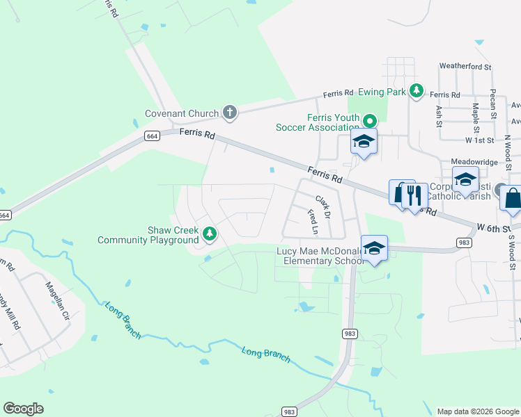 map of restaurants, bars, coffee shops, grocery stores, and more near in Ferris